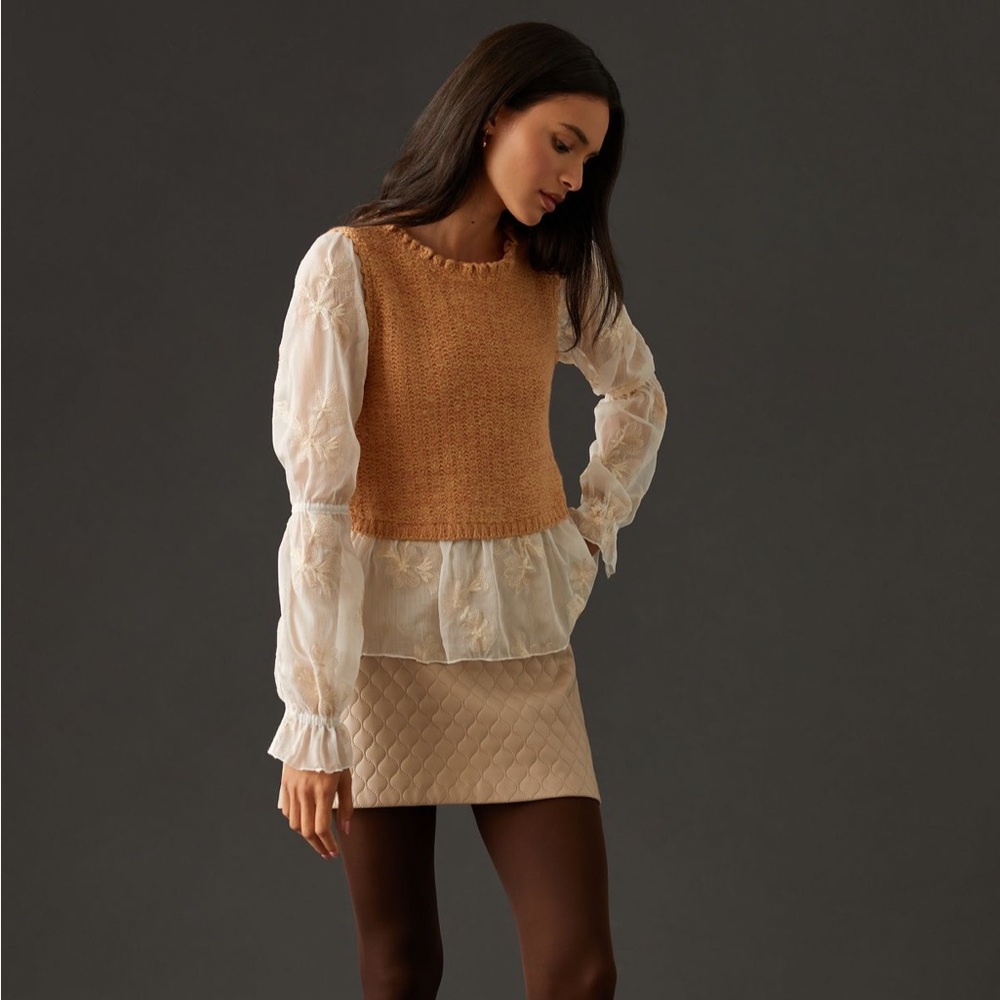 Anthropologie Layered Sweater Vest Knit Top Embroidered Sleeves Women Large - Picture 10 of 14